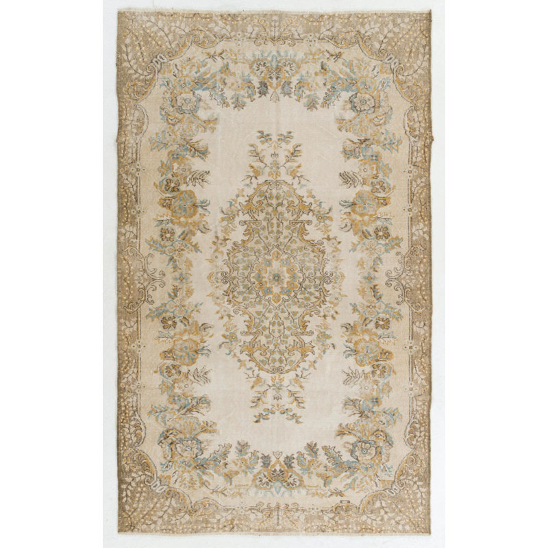 Tapis noué à la main à motif médaillon rétro de couleur neutre
