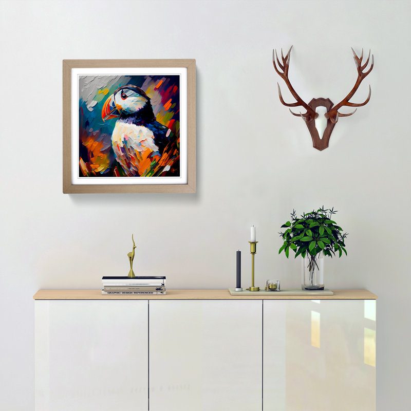 Puffin Palette Knife No.1 - Single Picture Frame Print on Wood, Oak