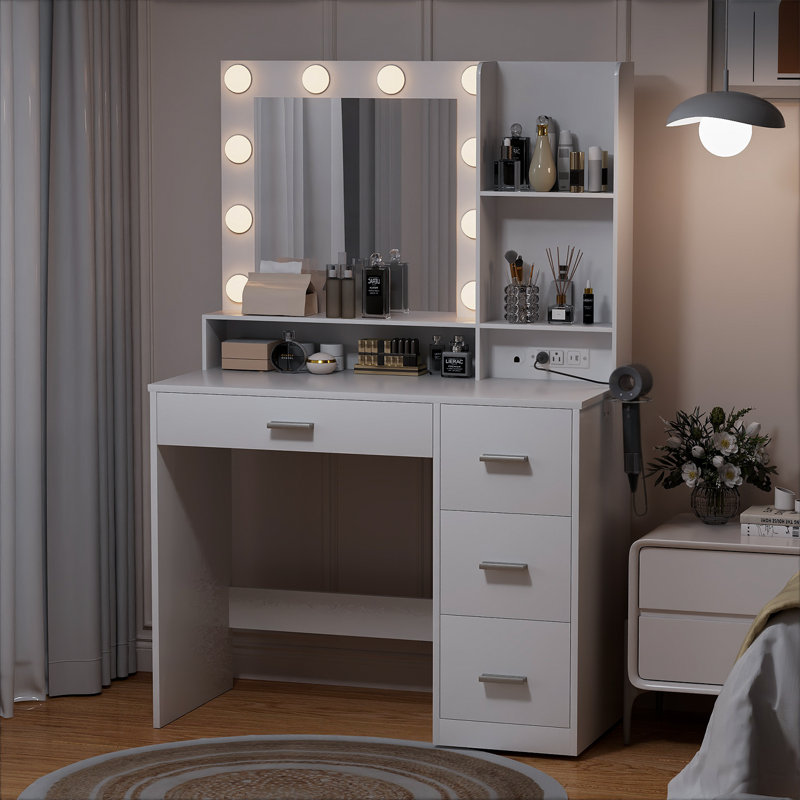 Bureau de coiffeuse avec lumière et miroir Borko, Blanc