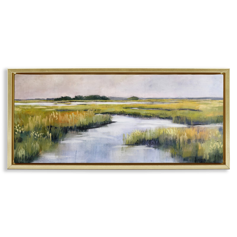 Art mural sur toile Grassy, Cadre flottant métallique doré, H 14 po x l 31 po