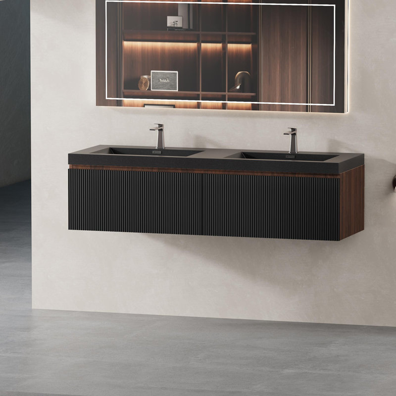 Meuble-lavabo mural avec lavabo à surface solide, Noyer, 59", Noir
