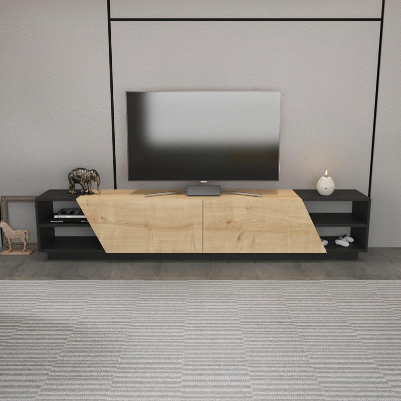 Meuble télé moderne avec une élégante finition anthracite et chêne, 94,5 po x 14,6 po x 18,7 po | 100% panneau de particules enduit de mélamine, épaisseur: 0,7 pouce | Design élégant pour le salon et les espaces de divertissement, durable et fonctionnel