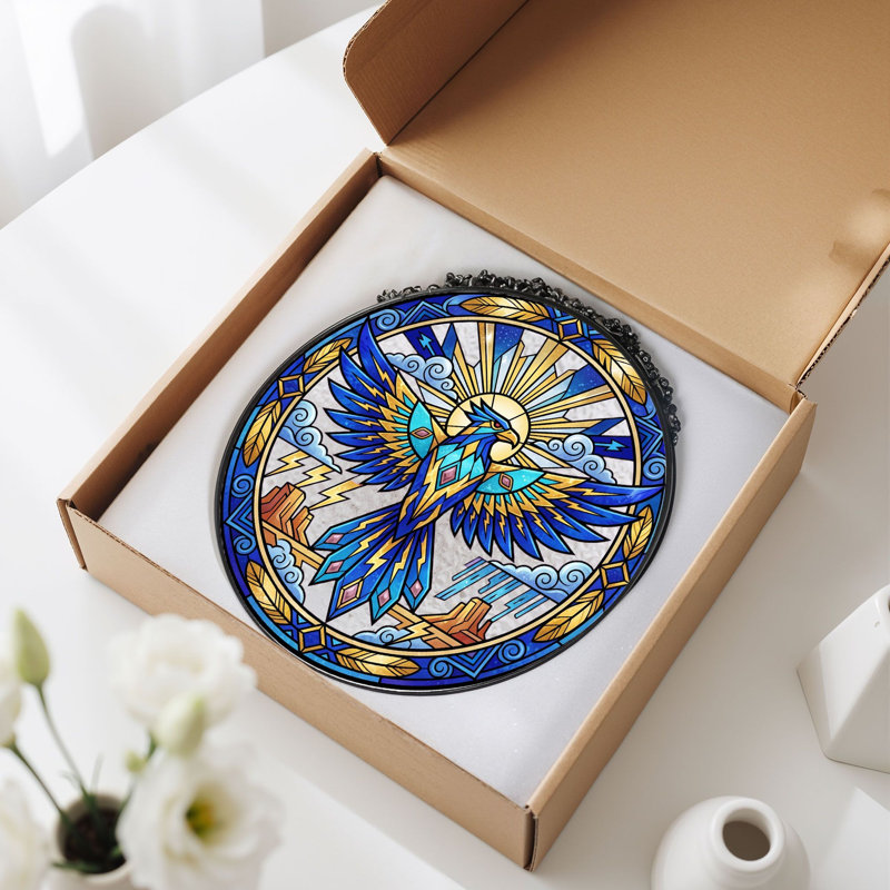 Thunderbird Sun Stained Glass Window Panel，12"H, 12"H