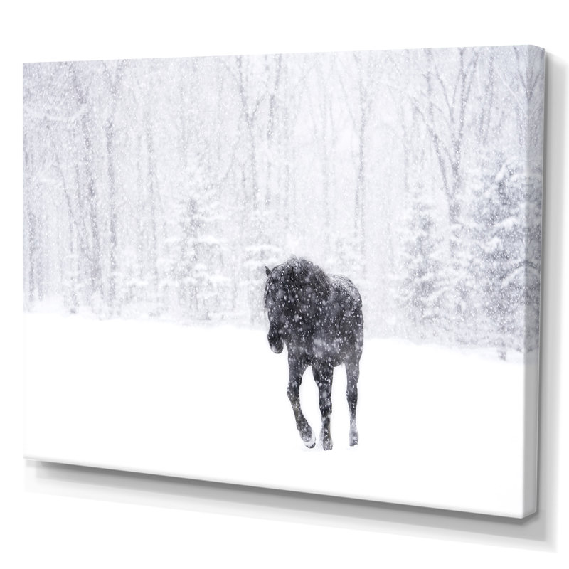 Cheval dans la forêt d'hiver - œuvre d'art traditionnelle sur toile, H 8 po x l 12 po x P 1 po, Toile tendue