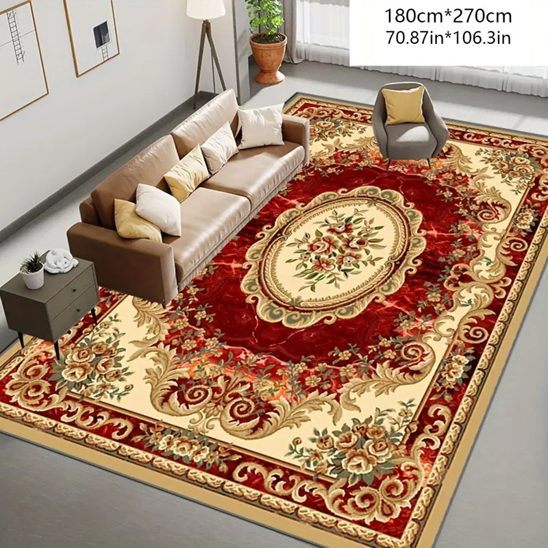 Traditional Red Medallion Area Rug with Non-Slip Backing, Machine Washable Faux Cashmere Polyester Carpet, 63x91 inch