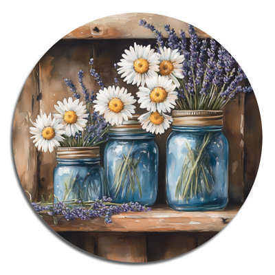 Farmhouse Mason Jars And Wildflowers Still Life - Barn Round Metal Wall Decor