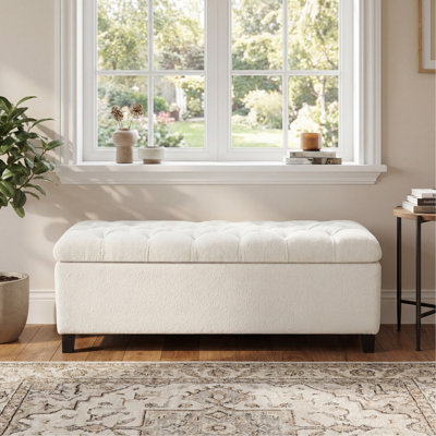 Rangement avec surface bouclée blanche, pieds en bois d'hévéa, capacité de 300 lb, charnières à fermeture douce, idéal pour le rangement de banc de décoration de chambre à coucher, finition, capitonnage,