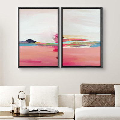  'Colorful Brushstrokes' Pink Red Pastel Abstract Landscape Painting Print on Canvas