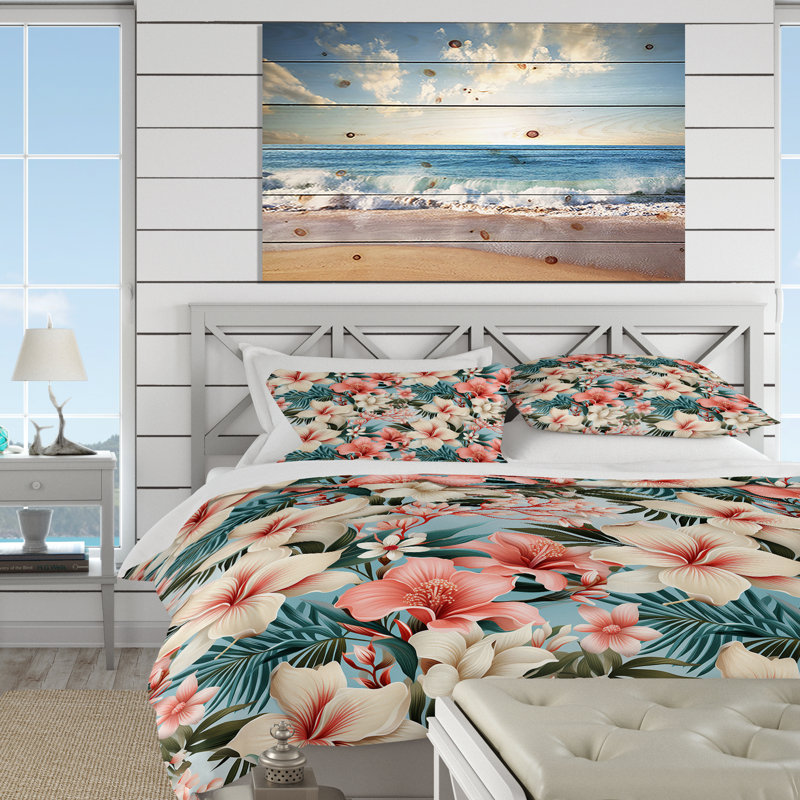 Oceanic Whispers Tropical Pattern Floral Duvet Cover, King Duvet Cover + 2 King Shams