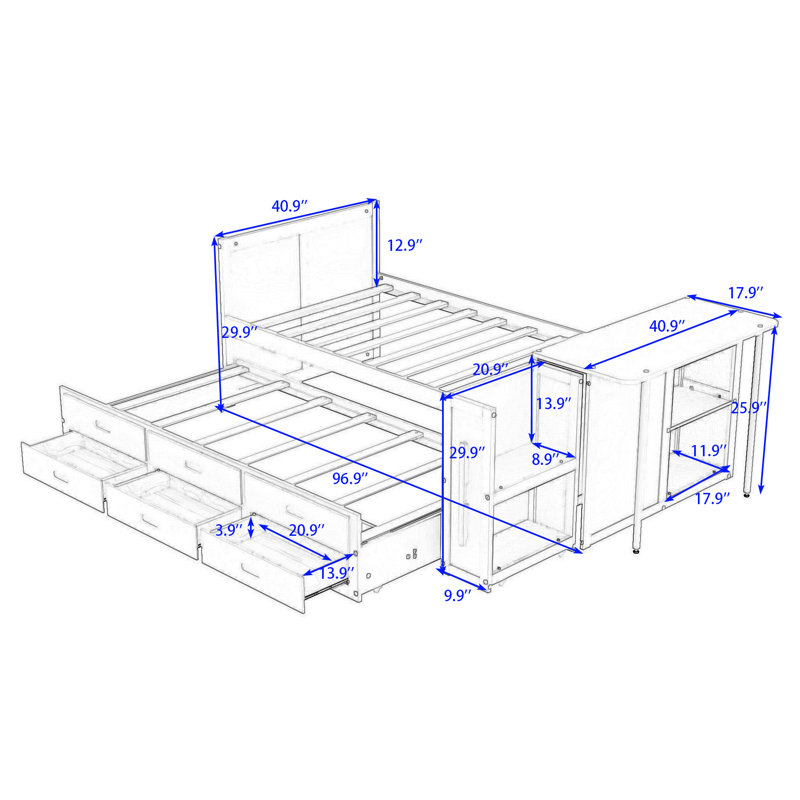 Merlin Twin Three Drawers Wood Platform Bed with Desk,Built-in Trundle and Storage Shelf, White