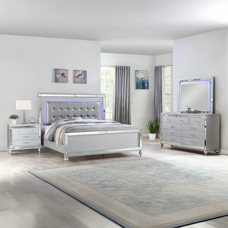 Denard Upholstered Standard 4 Piece Bedroom Set, White, Queen, 4 Pcs: Bed, Nightstand, Dresser, Mirror