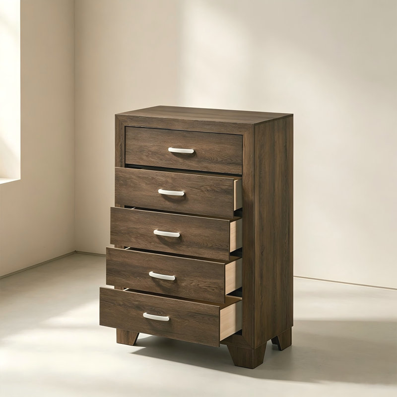 Commode vintage en bois massif brun à 5 tiroirs, meuble de rangement pour chambre à coucher