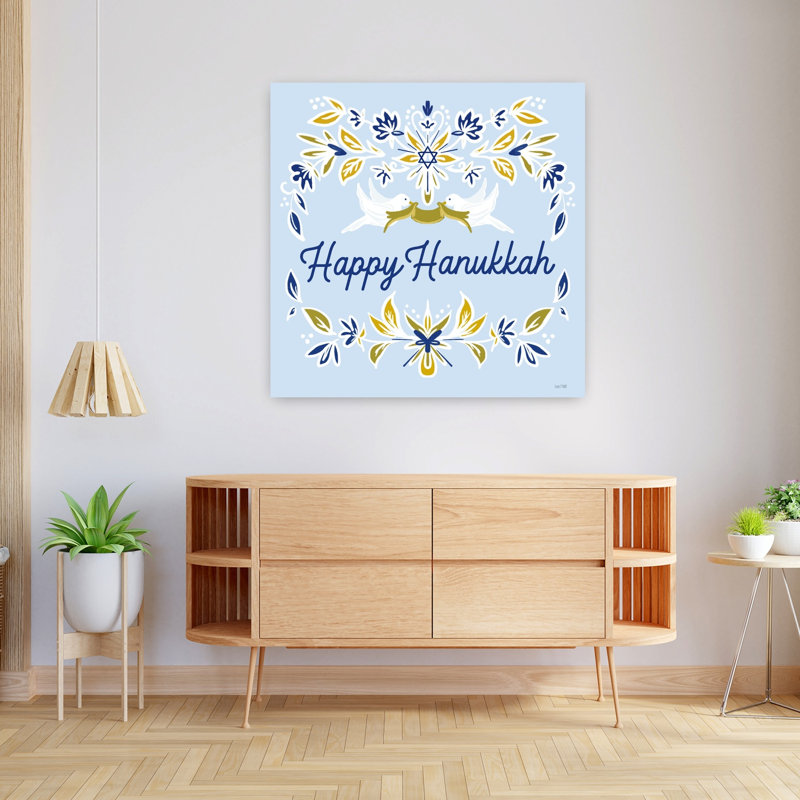 Happy Hanukkah Doves, art contemporain hivernal, H 36 po x l 36 po