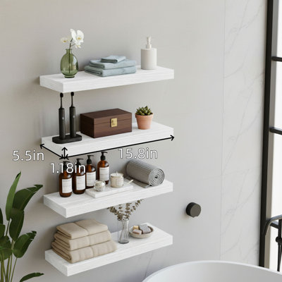 Ensemble de tablettes murales flottantes blanches (4 pièces): finition grain de bois rétro + support dissimulé. Une solution de rangement murale convenant aux salles de bain, salons, chambres à coucher et cuisines.