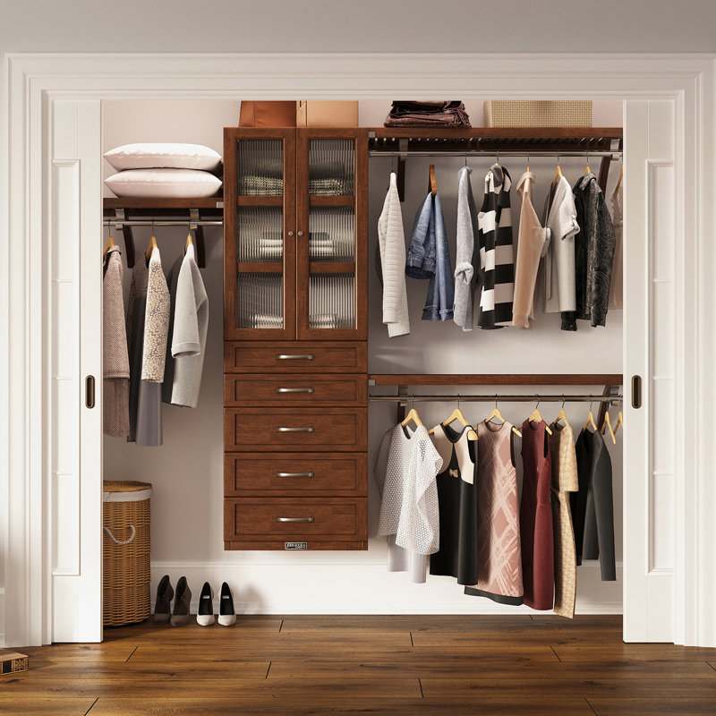 Système d'organisation en bois massif avec 5 tiroirs et portes en verre châtaignier John Louis Home
