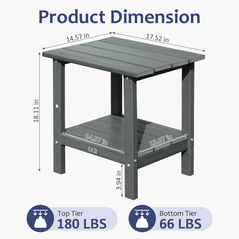 HDPE Double-Tier Rectangular Patio Table All Weather Outdoor Adirondack Side Table, Gray