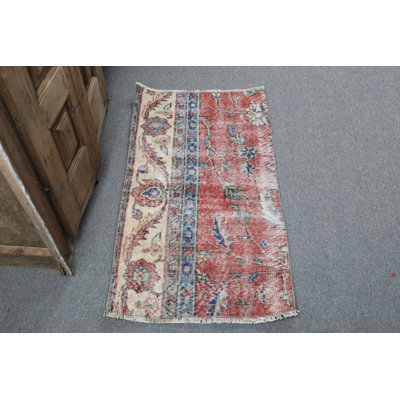 Unique Red Floral Design on Vintage Turkish Door Mat: Perfect Colorful Addition to Your Home Decor