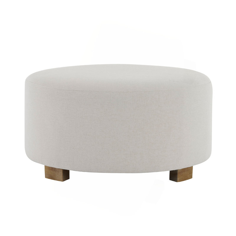 Repose-pieds rond blanc en tissu avec pieds en bois, repose-pieds minimaliste moderne (SEULEMENT OTTOMAN)