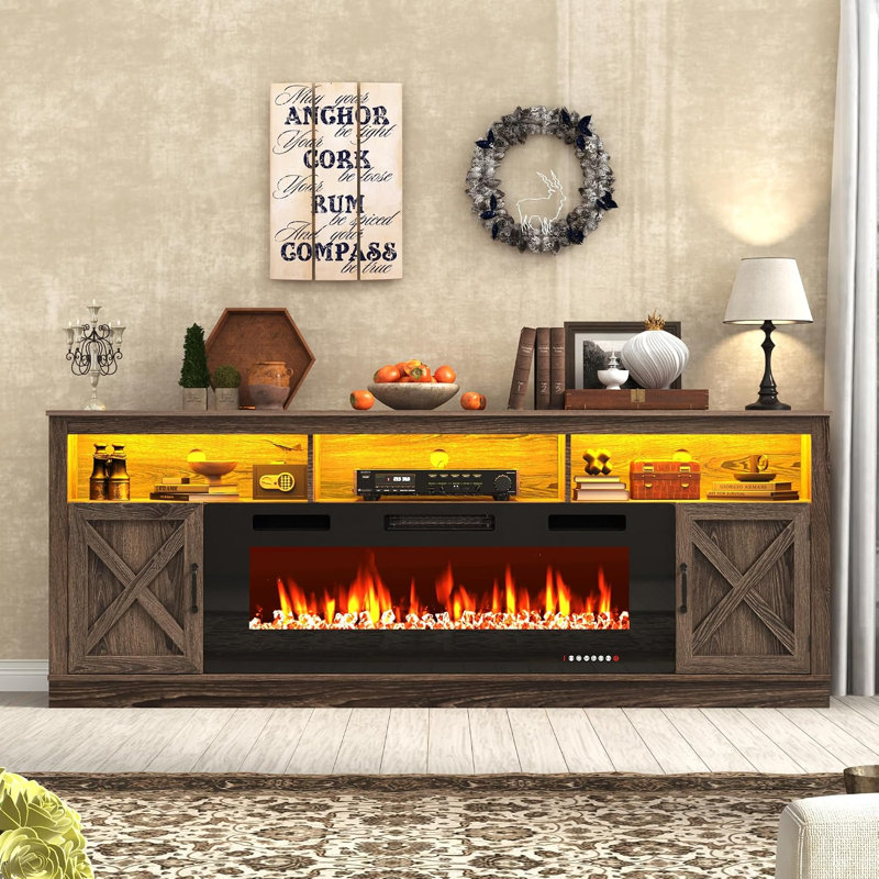 Meuble télé Farmhouse pour téléviseur de 95 po avec foyer électrique de 50 po et éclairage à DEL, console multimédia de 83 po avec armoire à porte de grange pour le salon