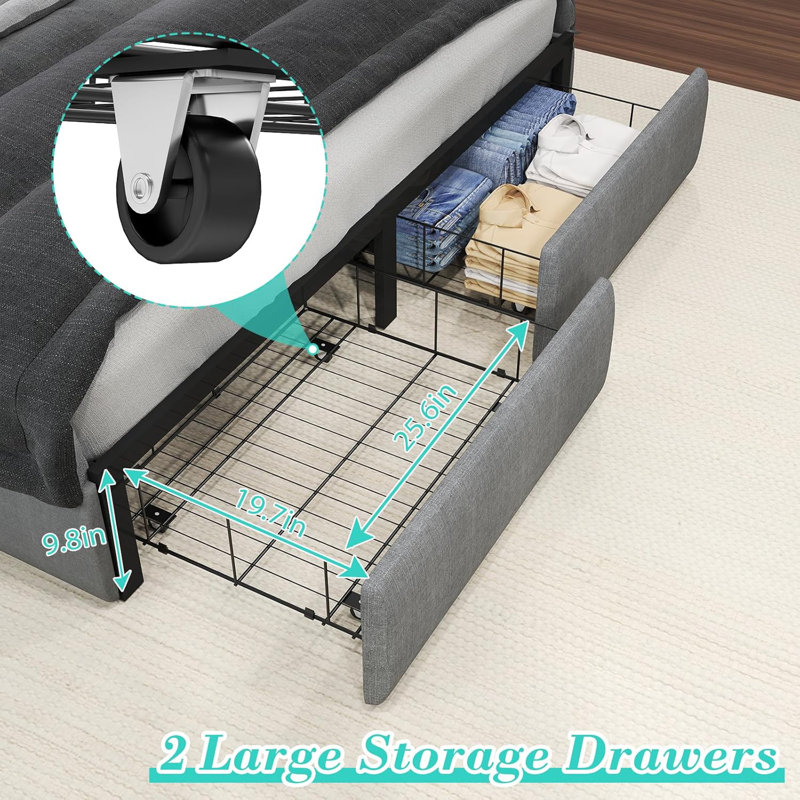 Upholstered LED Bed Frame with 2 Drawers, Bed with Storage Headboard and Charging Station