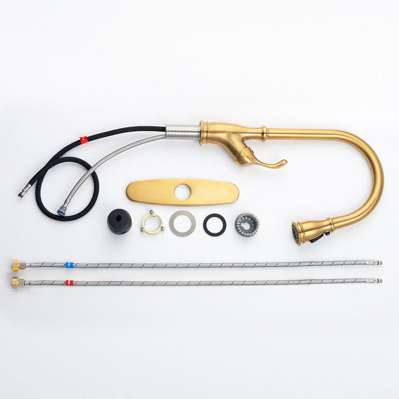 Brushed Gold Kitchen Faucet | Single Handle, High Arc, Pull Out Sprayer, 1-Hole Sink | Gift Idea