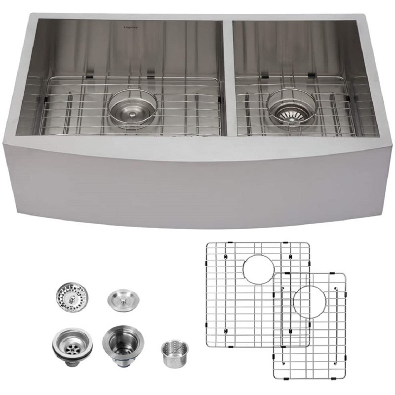 33"L x 20"W Farmhouse Double Bowl 60/40 Kitchen Sink 16 Gauge Stainless Steel Kitchen Sink