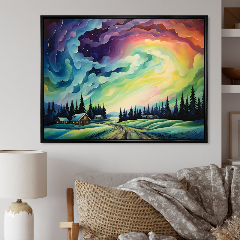 «Northern Lights Scenery Minimalisme I», reproduction sur toile, Cadre flottant noir, H 12 po x l 20 po x P 1 po