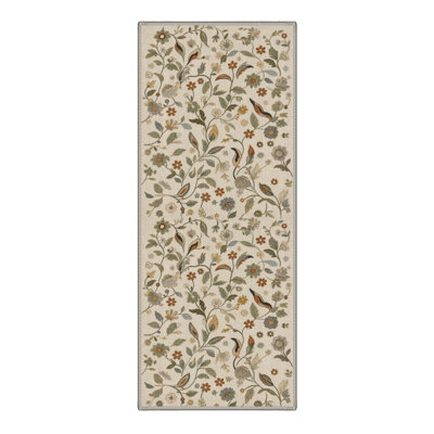Machine Washable Floral Beige / Green Round Area Rug With Non-Slip Backing