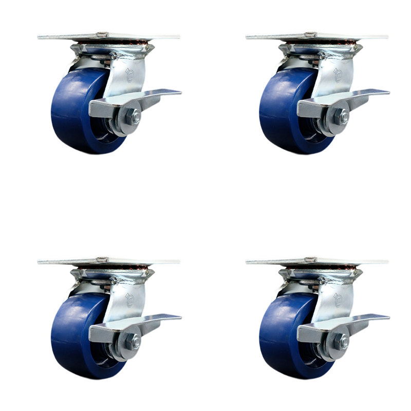4 Inch Heavy Duty Solid Poly Caster Set with Roller Bearings and Brakes SCC