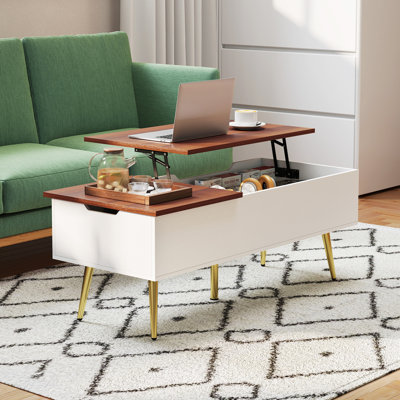 Table basse à plateau relevable avec plateau divisé et 2 compartiments cachés avec pieds fuselés en métal