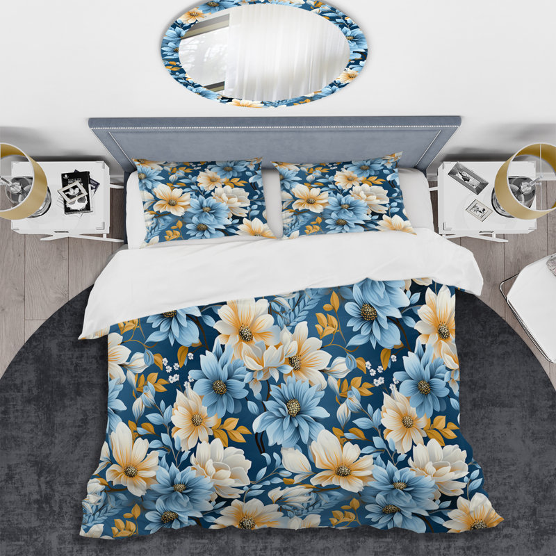 Ensemble de housse de couette jaune et bleu à motif de fleurs de ferme I, Housse de couette pour grand lit et 2 taies décor