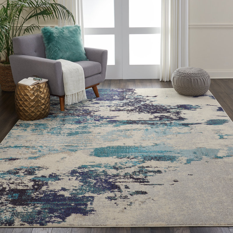 Tapis abstrait ivoire / bleu marine / bleu Adrienn, Rectangle 3 pi x 5 pi