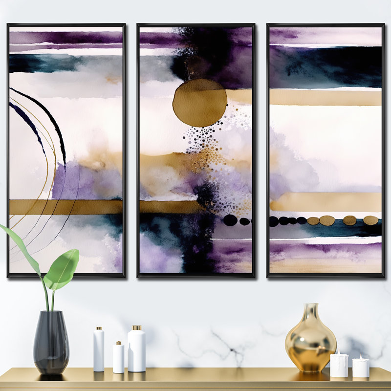 Abstrait géométrique mauve et doré II - animaux, ensemble d'art sur toile, Cadre flottant noir, H 28 po x l 36 po x P 1 po