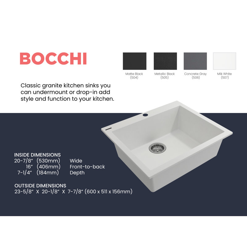 Campino Single Basin Kitchen Sink, 8" H x 20" W x 24" L