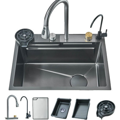 Évier de cuisine avec bec cascade, comprenant un robinet trois-en-un, un purificateur d'eau et un nettoyant pour le verre. (23,63 x 17,72 pouces)