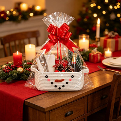 Christmas Decor Christmas Woven Gift Basket Rope Storage Basket With Gift Bag And Bow For Holiday Gift Giving Home Tabletop Decor