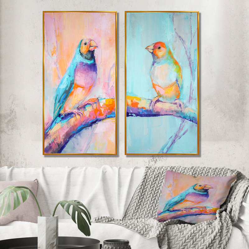 «Pastel Oil Parakeet Bird Portrait», ensemble de 2 impressions sur toile, H 40 po x l 40 po x P 1 po, Cadre flottant doré
