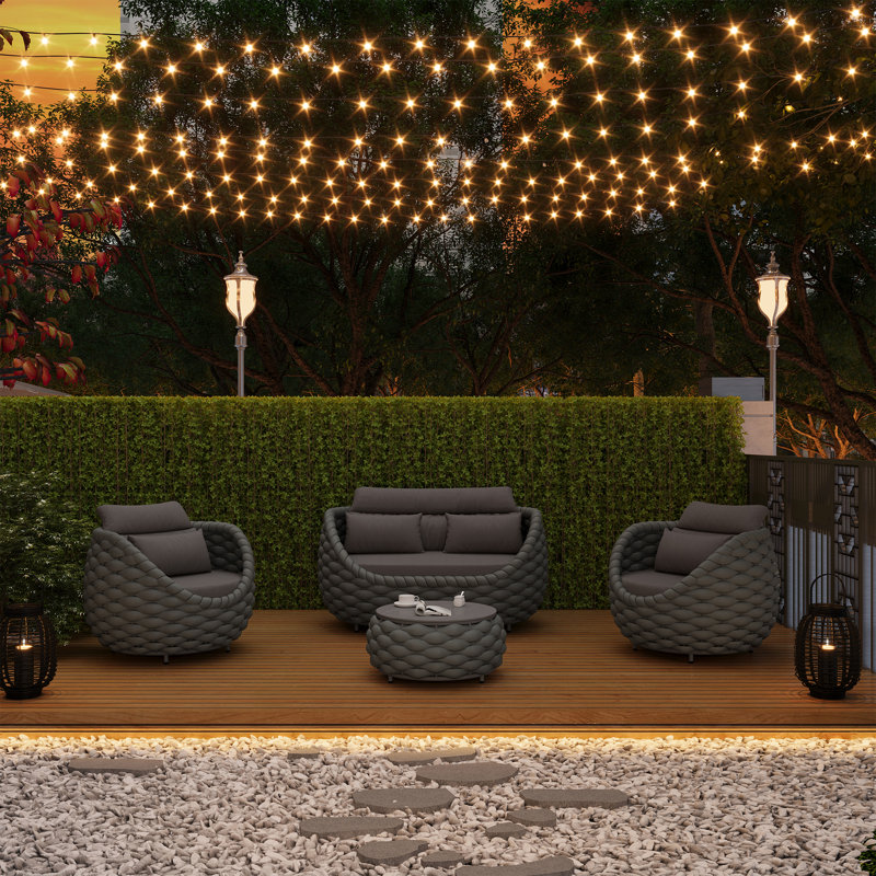 Modern Outdoor Sectional Sofa Set, Handwoven Polyester Rope with Water resistant Cushions, Aluminum Frame, 4-Seater (Dark Gray)