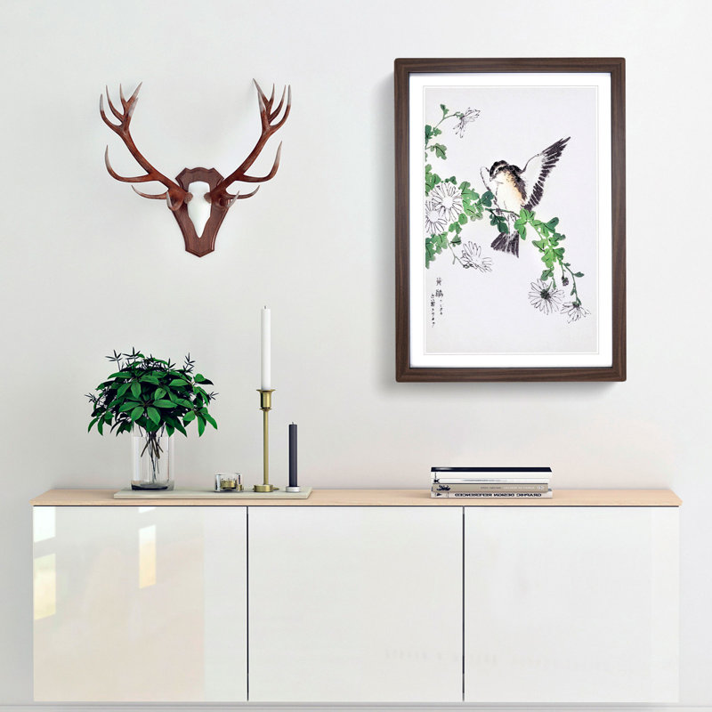 Flycatcher & Chrysanthemums by Numata Kashu - Picture Frame Art Print, Walnut, 50cm H x 35cm W x 2cm D