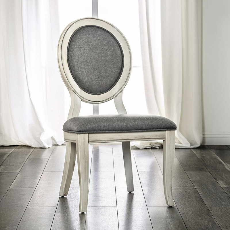 2 chaises de salle à manger en tissu avec coussins de siège, blanc antique, dossier ovale de chaises rembourrées, finition blanche, dossier