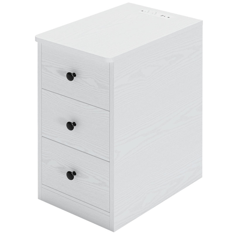 Modern Narrow Nightstand With Charging Station - 3-Drawer Storage, White