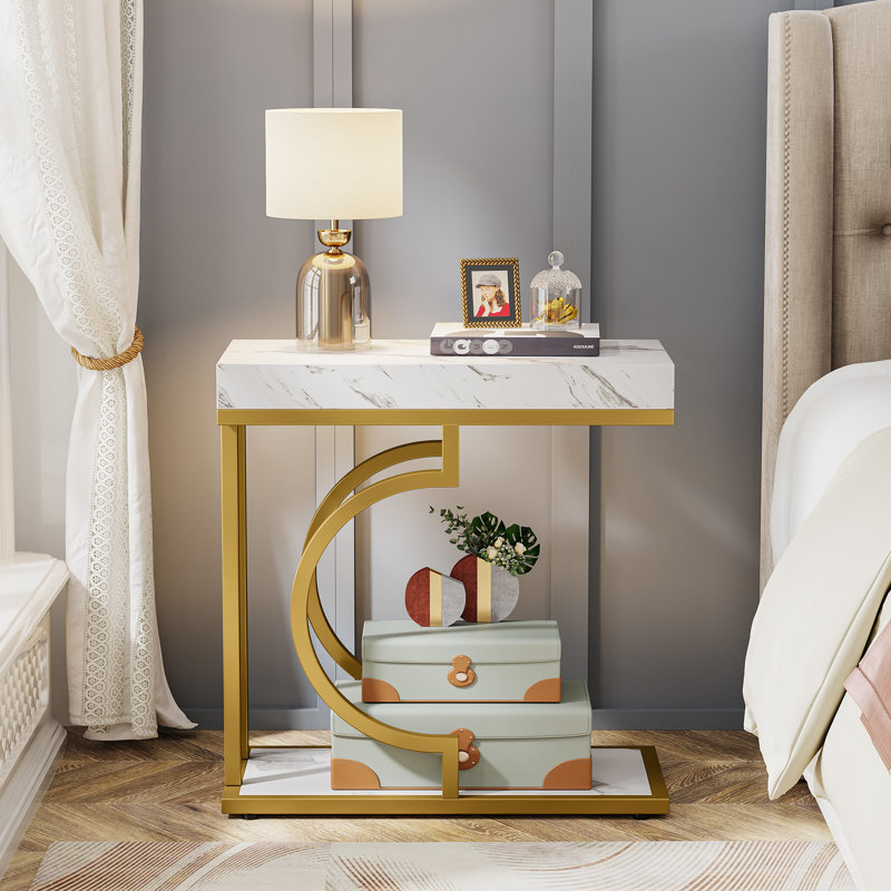 End Table, Gold, White Marble