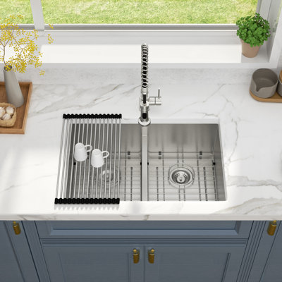 28" L x 19" W 55/50 Low Divider Double Bowl Undermount Kitchen Sink Basin with Sink Grid and Drain Assembly