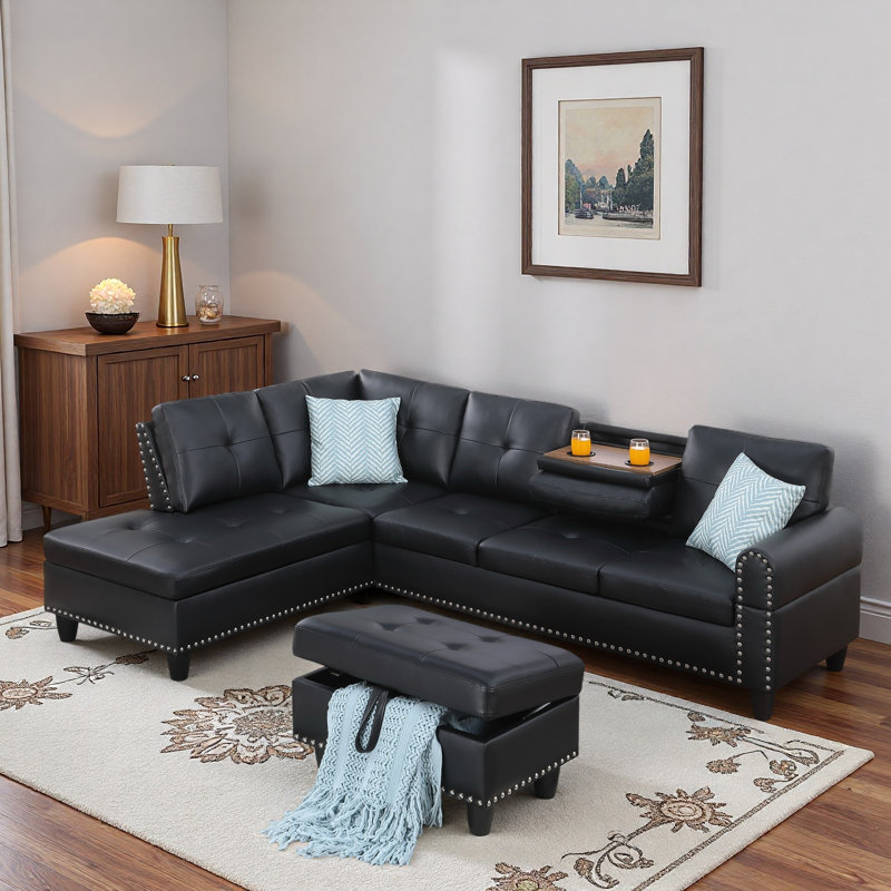 Faux Leather L - Shaped Sectional Sofa With Nailhead Trim And Cup Holders And Storage Ottoman, Black
