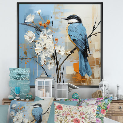 " Blue Bird Minimalism White Flowers "
