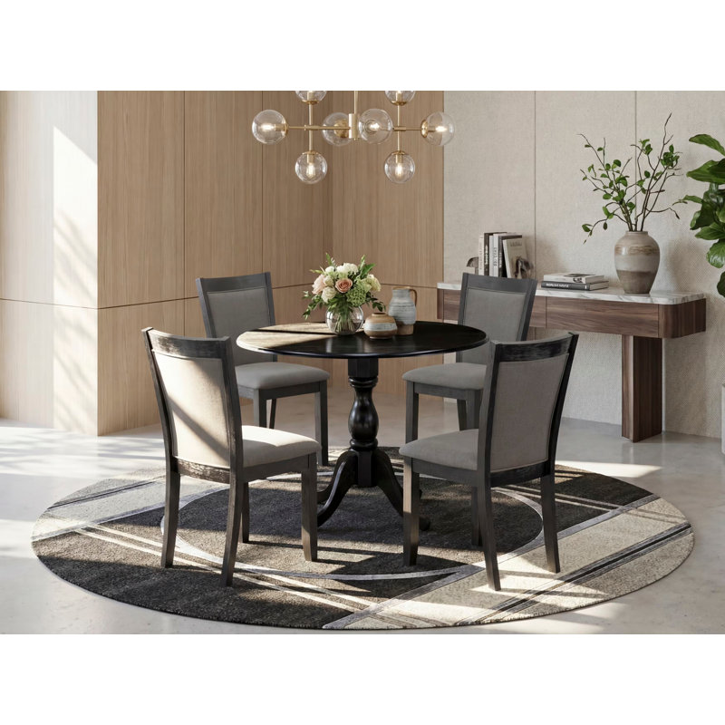 5 Piece Modern Dining Table Set Includes a Round Wooden Table with Dropleaf and 4 Dark Gotham Grey Linen Fabric Parsons Chairs, Wirebrushed Black