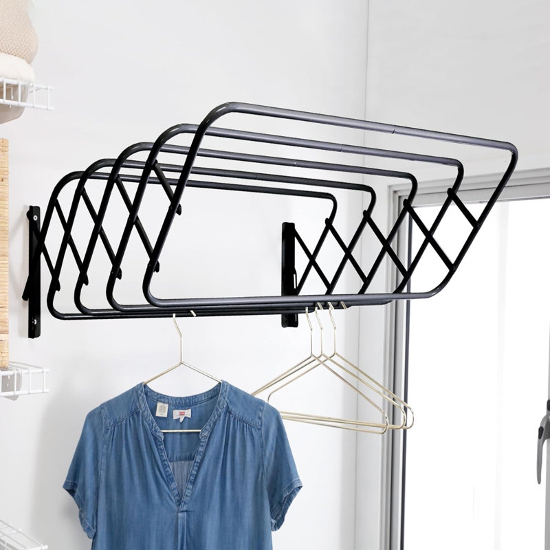 Steel Wall-Mounted Foldable Drying Rack with Expandable Rods – Space-Saving Laundry Solution,, 9" H x 24" W x 37" D, Black