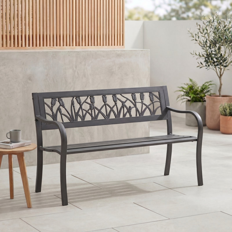 Mirren Steel Garden Bench Outdoor Seating Tulip Style Patio Bench For Garden Patio Balcony & Lawn