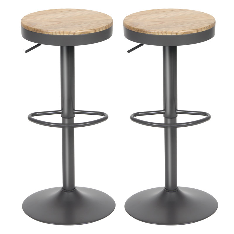Jaina 15.2" W Solid Wood Swivel Adjustable Height Bar Stool, 2, Brown/Gray
