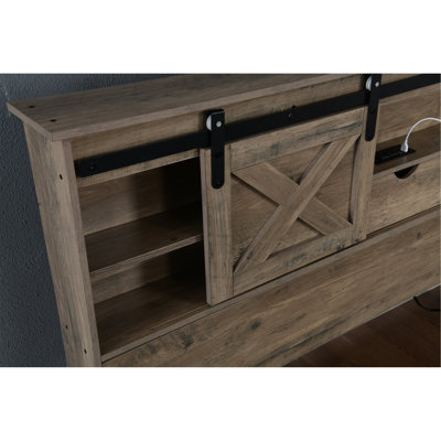 Farmhouse Bed Frame Queen Size with LED Lights and Charging Station, Wooden Queen Bed with 2 Storage Drawers, Rustic Headboard with Sliding Barn Door Storage Cabinets